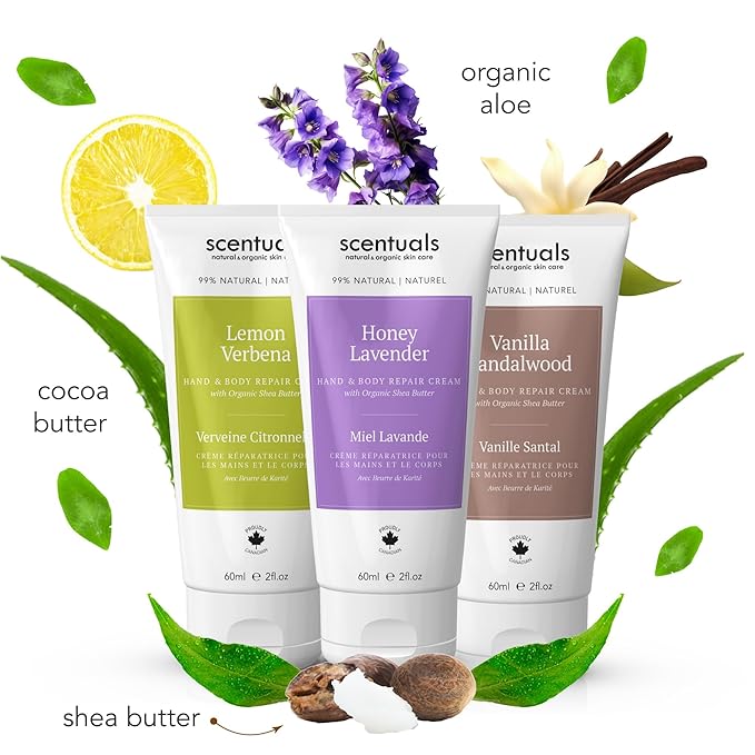 Hand Cream Set of 3, with Shea Butter, Cocoa Butter, Argan & Almond oil, Moisturizing Dry Hands, (Lemon Verbena, Honey Lavender, Vanilla Sandalwood) 60 ml (2 fl.oz. x 3)
