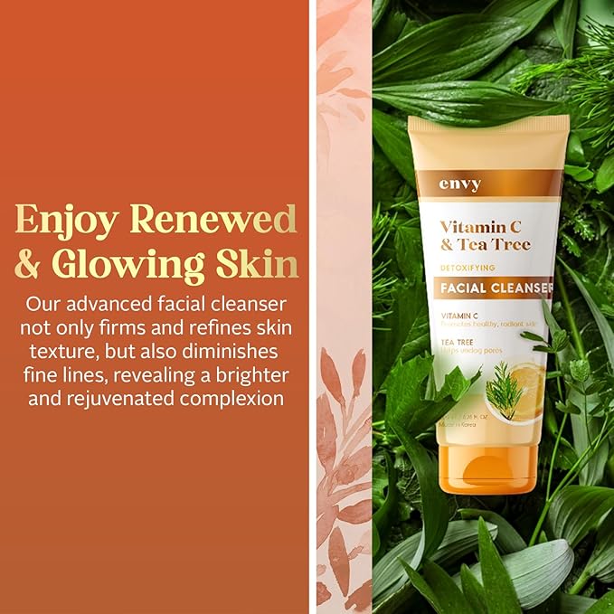 Envy Facial Cleanser with Vitamin C & Tea Tree – Refreshing Gel Cleanser for Balanced, Radiant Skin – Gently Removes Impurities & Excess Oil – Dermatologist-Tested, Clean & Cruelty-Free – 6.76 oz