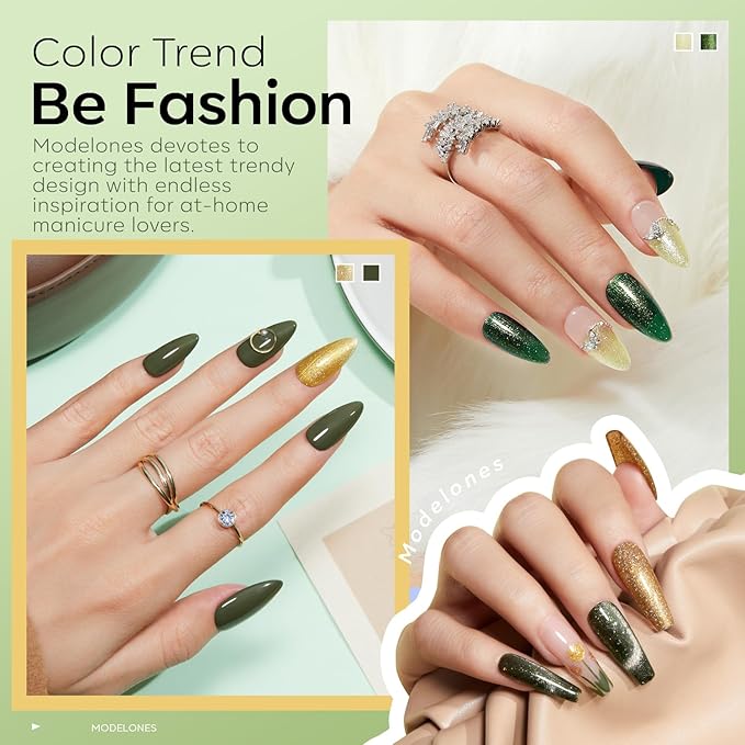 modelones Gel Nail Polish Set, 6 Colors Fall Winter Green Gold Yellow Sparkle Reflective Glitter Gel Polish Dark Green 9D Cat Eye Nail polish with Magnet Soak Off LED Nail Art Kit DIY Gift