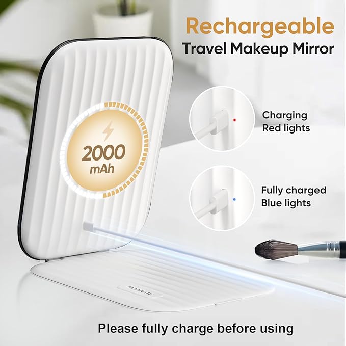 FUNTOUCH Rechargeable Travel Makeup Mirror with Lights and Small 10X Magnification,Light up Portable Vanity Mirror with 80 Leds,2000mAh Battery,Brightness Adjustable,3 Lighting, Dimming Compact Mirror
