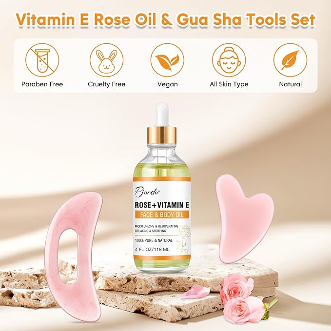 Vitamin E Rose Oil & Gua Sha Massage Tools Set, Gua Sha Oil for Face & Body, Organic Vitamin E Oil for Moisturizing and Hydrating, Anti Aging, Spa Gifts for Him Her