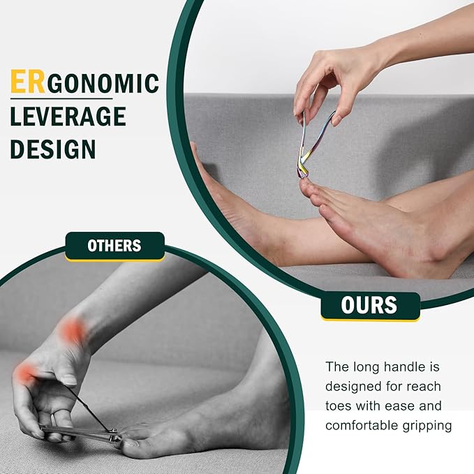 FVION Angled Head Toe Nail Clippers, Ergonomic Curved Toenail Clippers for Seniors Long Handle with Nail Catcher and Metal Nail File, Precision Toenail Clippers for Thick Toenails (Multi)