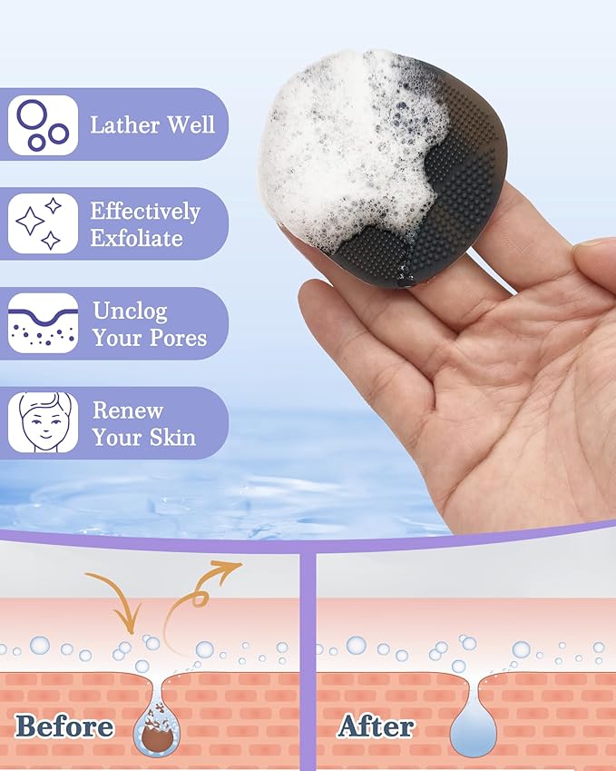 Manmihealth Silicone Back Scrubber & Soft Bath Glove Set 4 PCS(Thick Bristles), Super-Exfoliating Body Scrubber & Super-Lathering Shower Brush Combination, with 2 Free Hooks (Black)