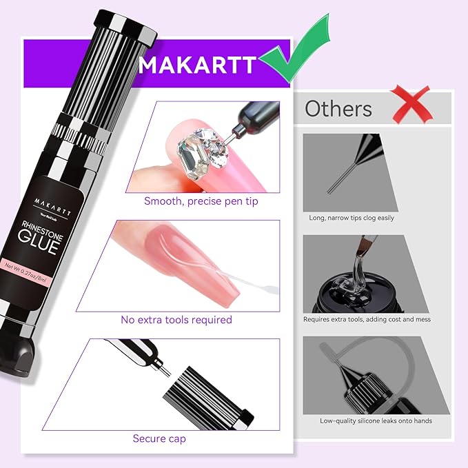 Makartt Nail Rhinestone Glue Gel, Upgrade Gel Nail Glue with Brush Pen Tip Super Strong Adhesive Precise for Nail Charms Crystals Rhinestone Beads Flower 3D Decorations 8ml*2