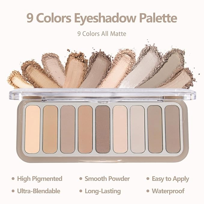 9 Colors Matte Eyeshadow Palette, High Pigmented Natural Nude Eye Shadow Makeup Palette Ultra-Blendable, Long Lasting Eyeshadow Pallete with 3 Eyeshadow Brush for Women