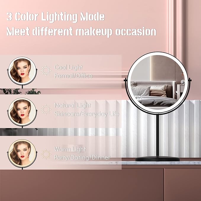 8” Lighted Makeup Mirror, 1X 10X Magnifying Mirror with Light, Double Sided Vanity Mirror with Lights, 3 Color LED Dimmable 2000mAh Rechargeable Black