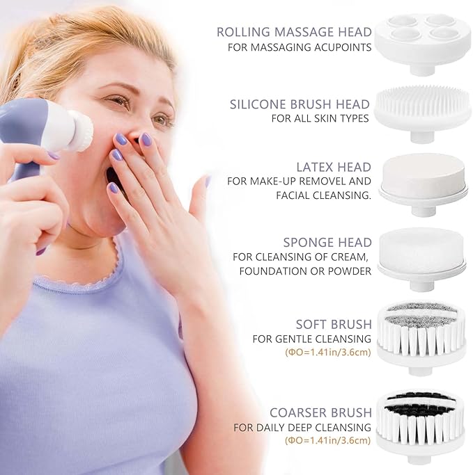 Facial Cleansing Brush Face Scrubber: CLSEVXY Electric Face Spin Cleanser Brushes with 6 Brush Heads for Deep Cleansing, Gentle Exfoliating, Removing Blackhead, Massaging