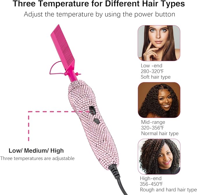 Deluxe Electric Hair Straightener and Curling Comb for Natural Hair and Wigs, 450°F Heat Pressing Comb with Anti-Scald Case (Pink)