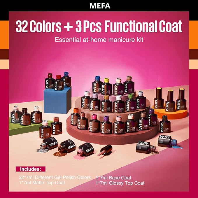 MEFA Fall Gel Nail Polish Set, 32 Colors Burgundy Red Gel Polish Set Champagne Gold Glitter Nail Polish Soak Off Dark Red Purple Shimmer Nude Brown Gel Nail Gifts for Women Girl DIY Salon