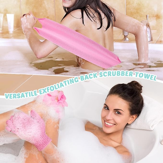 4 Pack Exfoliating Washcloth Back Scrubber Set, 2 Exfoliating Body Scrubber Nylon Back Body Scrub Towel, 2 Pairs Shower Gloves for Women Men Bath Shower Exfoliation(Pink, Beige)