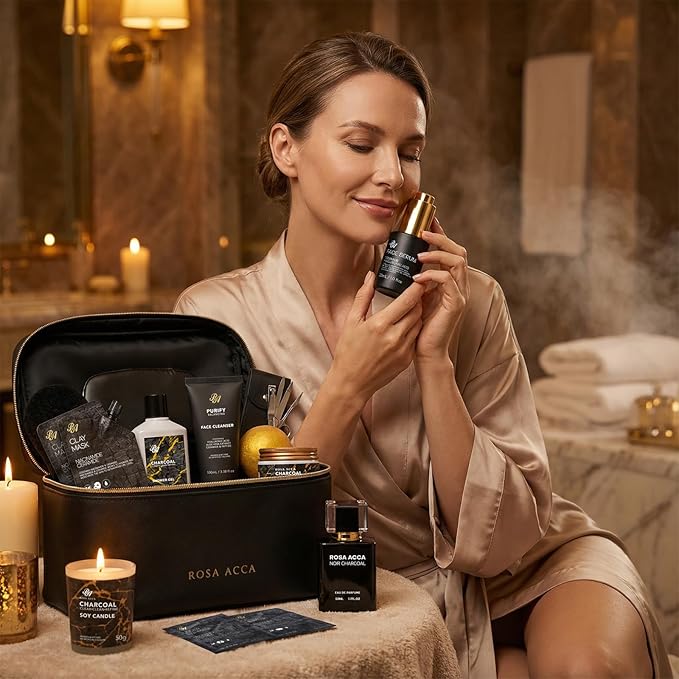 25 Pcs Bath & Body Gift Set for Women, Charcoal Skin Care Kit, Spa Gift Basket, Self Care, Cosmetic Bag, Serum, Necklace, Perfume, Eye Mask, Present, Christmas, Valentine's, Birthday, Mother's Day