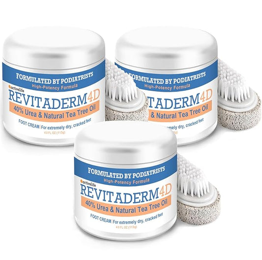 Revitaderm 4D Urea Cream 40% for Feet, Intensive Moisturizing Foot Cream for Dry, Rough, Callused Skin, Includes Free Pumice Stone and Exfoliating Brush, Fast-Absorbing, Fragrance-Free, 4oz, 3 Pack