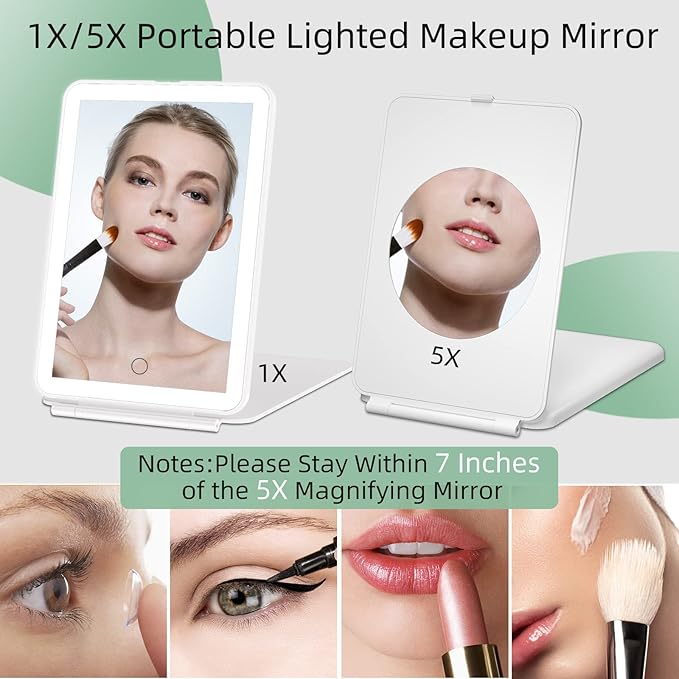 FUNTOUCH Rechargeable Portable Makeup Mirror with 72 LED Lights, Travel Lighted 1X/5X Magnification, 3 Color Lighting,Dimmable Touch Screen, Tabletop Folding Cosmetic Lights