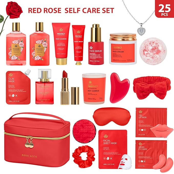 25 Pcs Valentines Day Gifts for Women, Red Rose Bath & Body Gift Set, Hydrating Skin Care Set, Luxury Self Care Gifts, Cosmetic Bag, Face Serum, Necklace, Christmas, Birthday, Mothers Day