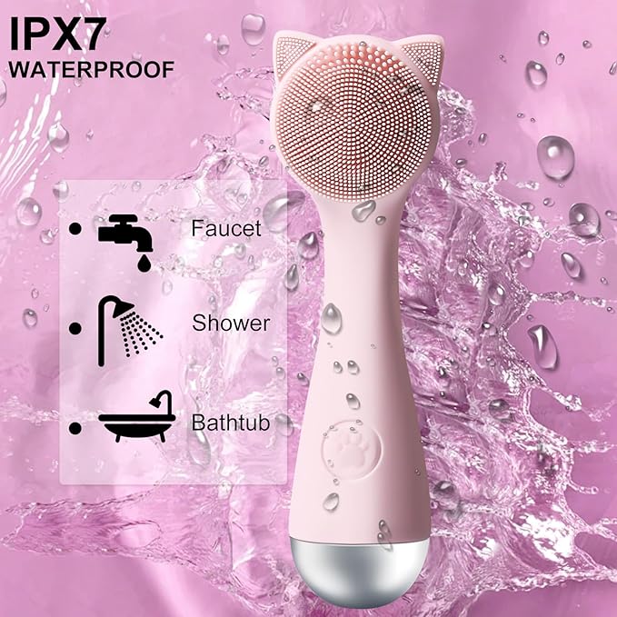 Facial Cleansing Brush, Silicone Face Scrubber Exfoliator for Men & Women, Electric Face Brush Waterproof, with 3 Speeds Adjustable for Deep Cleaning, Removing Blackhead, Facial Massaging (Pink)