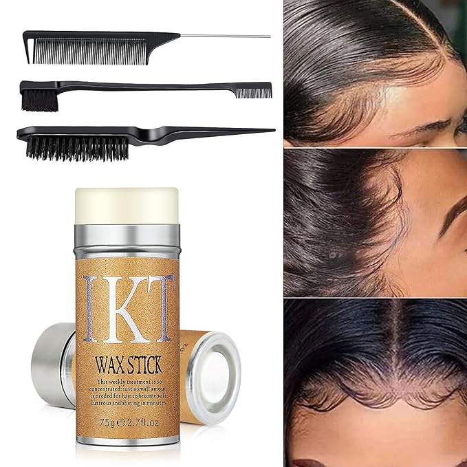 Hair Wax Stick, Slick Back Styling Set for Puffs and Wigs - 4 Combs: Edge Brush, Rat Tail for Separation, Loose Hair Brush, Non-Greasy Finish for Styling