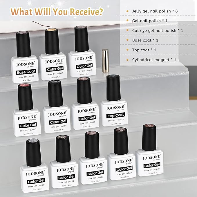 JODSONE 9 PCS Jelly Colors Gel Nail Polish Set with Base Coat Top Coat Warm Calm Stylish Jelly Gel Polish Set for Home DIY Nail Art