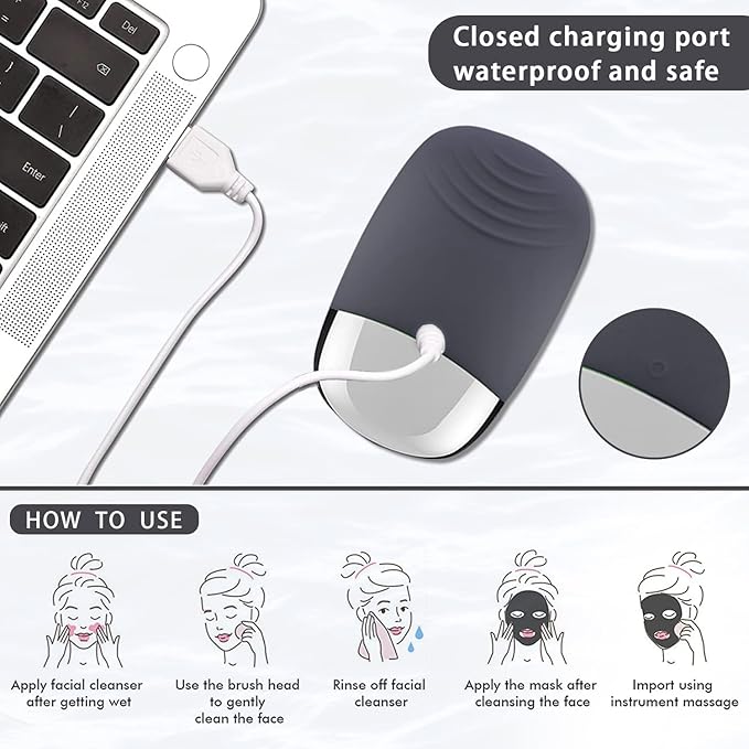 Facial Cleansing Brush, 3-in-1 Electric Silicone Face Scrubber, Vibrating Massager, IPX7 Waterproof, USB Rechargeble Pore Brush for Deep Cleanning, Blackhead Remover, Exfoliating (Gray)