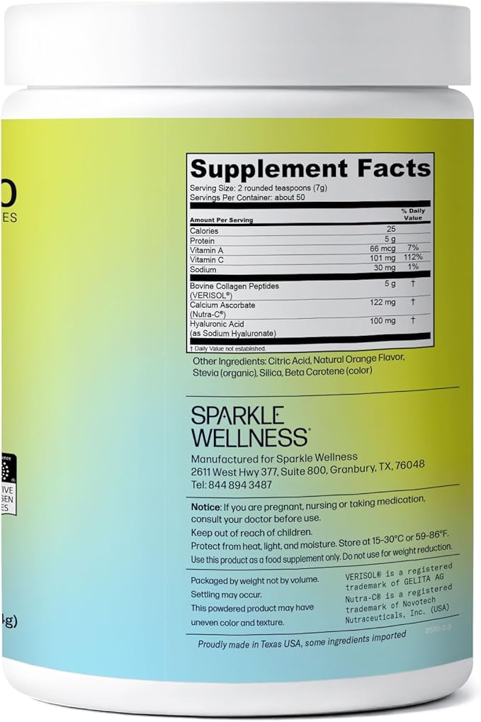 Sparkle Wellness VERISOL Bioactive Hydrolyzed Collagen Peptides | Collagen Powder Supplement with Vitamin C & Hyaluronic Acid for Hair, Skin, and Nail Health | Skin Boost Plus (Orange) [50-Serves]