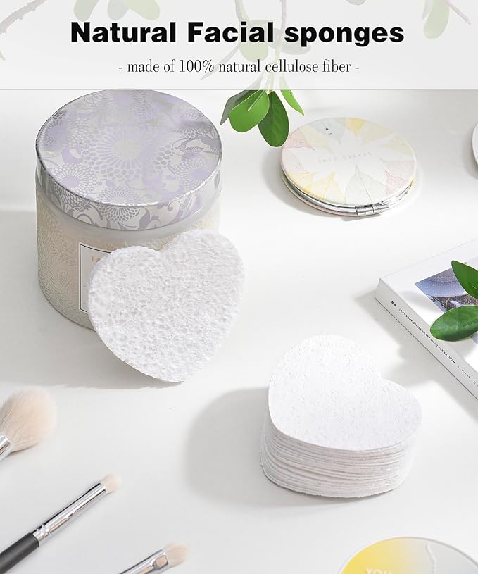 50-Count Compressed Facial Sponges for Estheticians- 100% Natural Cellulose Face Sponge Spa Sponges for Face Cleansing, Massage, Pore Exfoliating, Mask, Makeup Removal (Love-White)