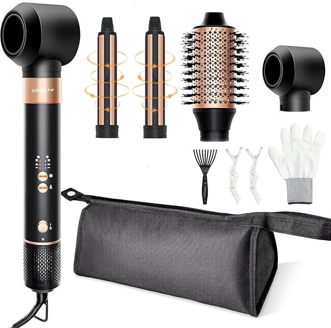 Hair Styler Hair Dryer Brush - 110,000 RPM High-Speed Hot Air Styler,Multi Stylers with Auto-Wrap Curler, Professional Blow Dryer Brush for Fast Curling Volumizing Straightening Styling(Black-Golden)
