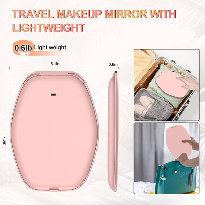 Travel Makeup Mirror with Light: 3 Color Lighting Portable Mirror with Touch Screen Rechargeable Adjustable LED Lights Hexagon Vanity Mirror for Travel, Desk, Home (Pink)