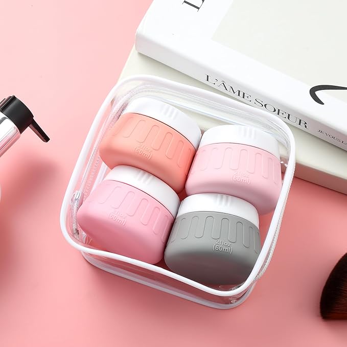 Gemice 2 oz Travel Containers for Toiletries, 4-Pack TSA Approved Travel Size Toiletries Containers for On-the-Go, Small Leak-Proof Travel Essentials Silicone Jar for Shampoo, Lotions, Cleanser