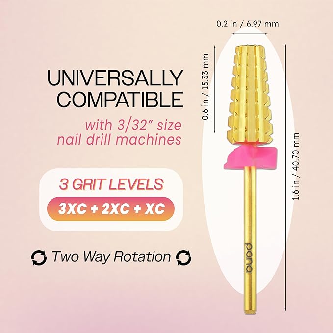 PANA 3/32" Shank 5-in-1 Nail Carbide Bit - (Triple Coarse - 3X Coarse Grit, Gold) - Two Way Rotate use for Both Left and Right Handed Fast remove Acrylic or Hard Gel Machine