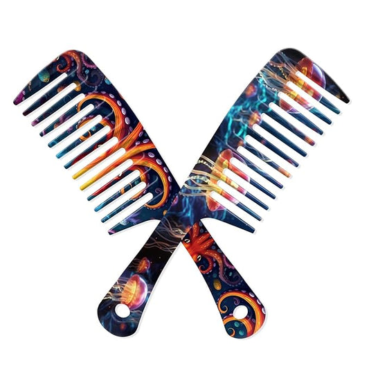 2PCS Wide Tooth Comb,Effortless Tangle Removal for Long Hair Styling Comb for Curly,Wet,Cute Aesthetic Design for Women Men and Girls(Blue-Octopus Jellyfish-18)