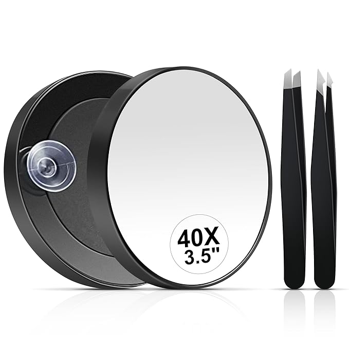 MIYADIVA 40X Magnifying Mirror, 3.5 Inch Round Compact Mirror with Suction Cup, Stainless Steel Tweezers, Perfect for Makeup, Eyebrows, Beards, Travel