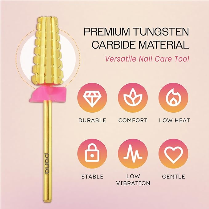 PANA 3/32" Shank 5-in-1 Nail Carbide Bit - (Triple Coarse - 3X Coarse Grit, Gold) - Two Way Rotate use for Both Left and Right Handed Fast remove Acrylic or Hard Gel Machine