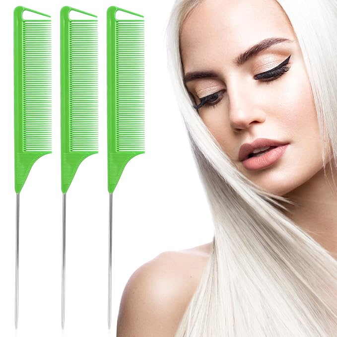 Rat Tail Combs Set: 3Pcs Steel Pin Teasing Combs for Hair Stylists, Parting Combs for Women (Green)
