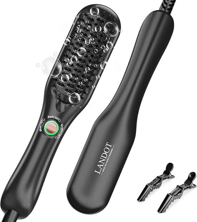 LANDOT Mini Hair Straightener Brush - Ionic Heated Straightening Brush for Frizz-Free & Smooth Styling, Compact Lightweight Dual Voltage Travel Flat Iron Comb for Medium Short Hair, Black
