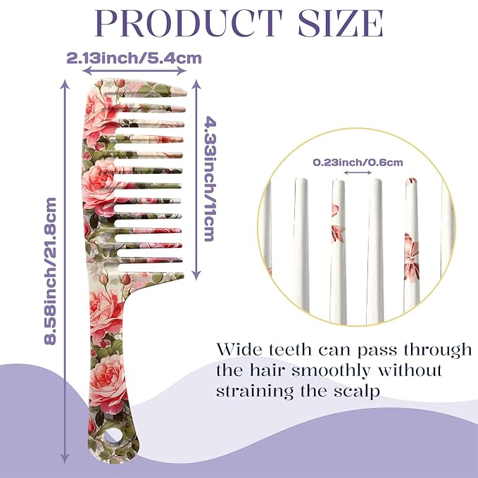 2PCS Wide Tooth Comb,Effortless Tangle Removal for Long Hair Styling Comb for Curly,Wet,Cute Aesthetic Design for Women Men and Girls(Pink-Flower Bow-01)