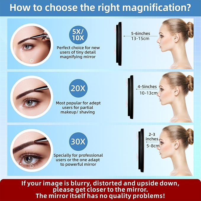 30x Lighted Magnifying Mirror with Suction Cups, Large 6'' Magnified Mirror with Light High Magnification Travel Makeup Mirror, Rechargeable Battery, 3 Colors Dimming Light, with Tweezers &Scissors