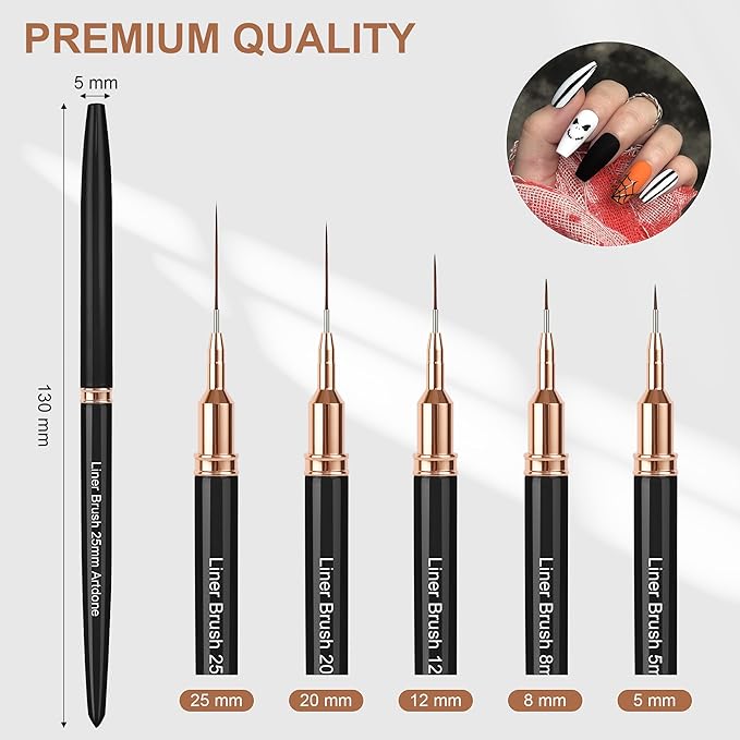 Artdone Metallic Nail Art Pens, Liner Brushes Set, 5PCS Black Color Nail Tools For Long Lines, Thin Details, Fine Drawing, Liner Brush UV Gel Polish Painting Nail Design Sizes 5/8/12/20/25mm