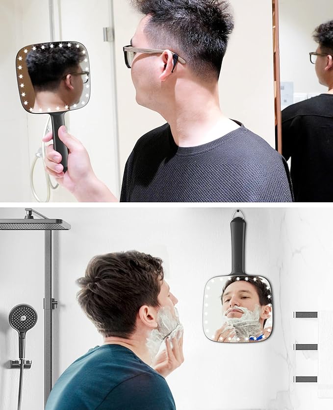 Famihomii Lighted Handheld Mirror, 6.2"x 5.9" Square Glass Frame with LED Beads, Battery Operated, Ideal for Haircut, Shaving, Makeup, and Wound Care