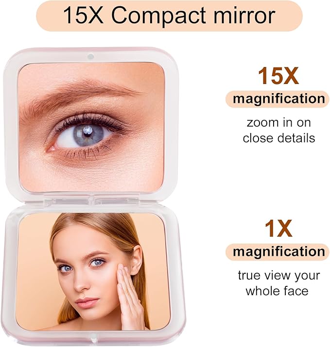 15x Magnifying Compact Mirror for Purses and Travel - Handheld 2 Sided 15x/1x Makeup Mirror - Slim Pocket Mirror, Portable & Foldable Square 3.3” x 3.3” (Pink)