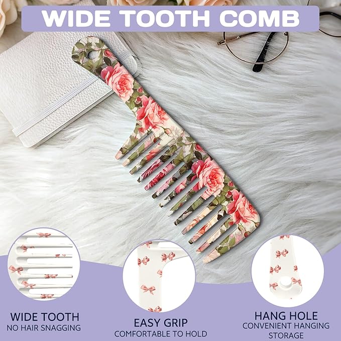 2PCS Wide Tooth Comb,Effortless Tangle Removal for Long Hair Styling Comb for Curly,Wet,Cute Aesthetic Design for Women Men and Girls(Pink-Flower Bow-01)