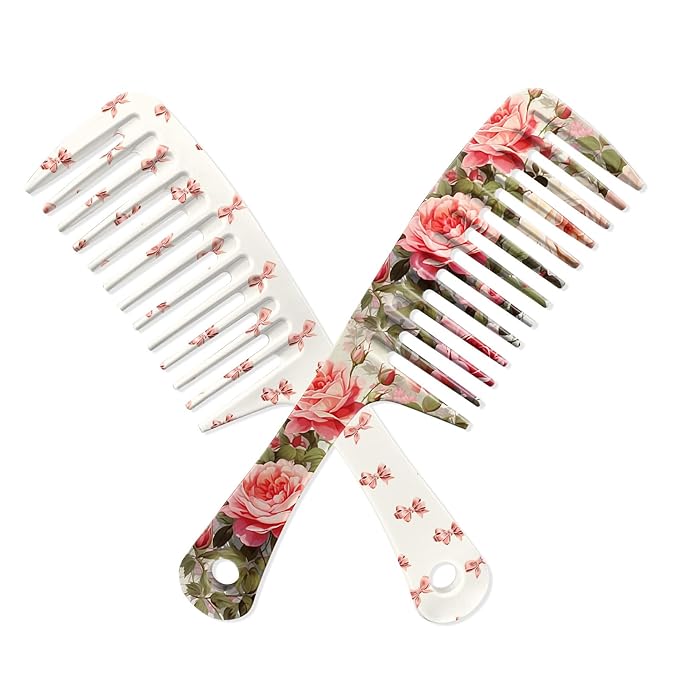2PCS Wide Tooth Comb,Effortless Tangle Removal for Long Hair Styling Comb for Curly,Wet,Cute Aesthetic Design for Women Men and Girls(Pink-Flower Bow-01)