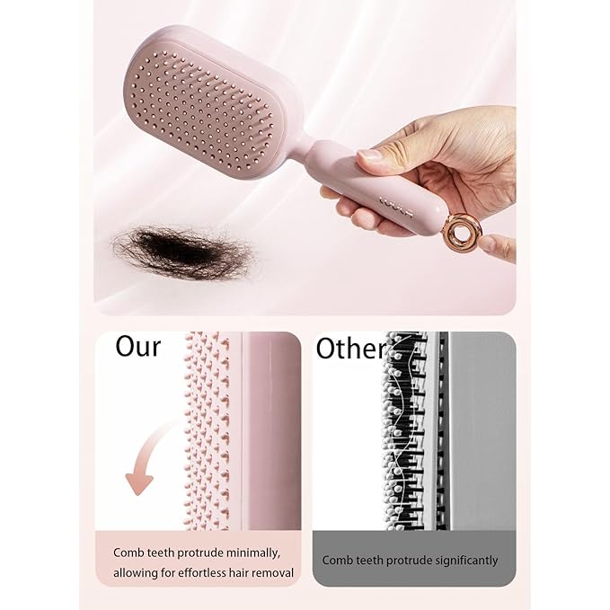 Self Cleaning Hair Brush, Retractable Hair Brush, Retractable Cushion Massage Comb, Easy Clean, One-pull Clean Anti Static Brushs, Hairs Styling Tools for All Hairs Types (Pink)