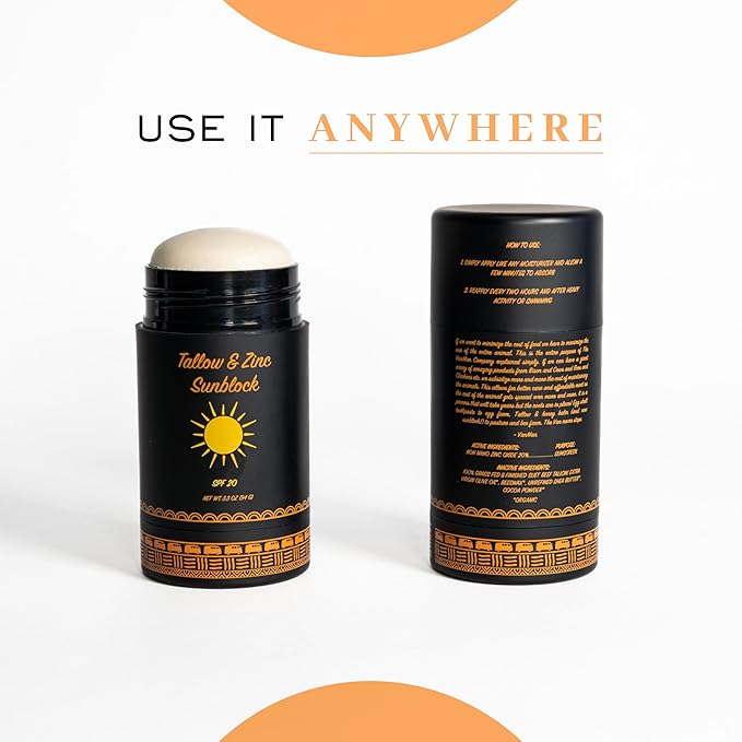 Vanman Tallow and Zinc Sunblock Stick - Mineral Sunscreen with Non-Nano Zinc Oxide - Sunstick Made with Grass Fed Beef Tallow for Face & Body Protection - 3.3 ounce