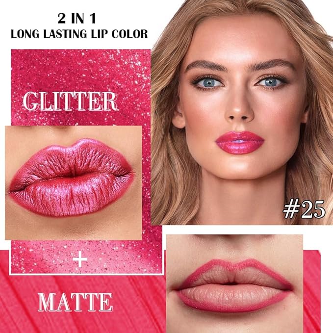 evpct Rose Red Metallic Glitter Lip Liner and Lipstick Combo Lip Gloss Stain Set Makeup for Women Long Lasting Waterproof 24, Non Stick Cup Metal Shine Shimmer Iridescent Liquid Lipstick 25
