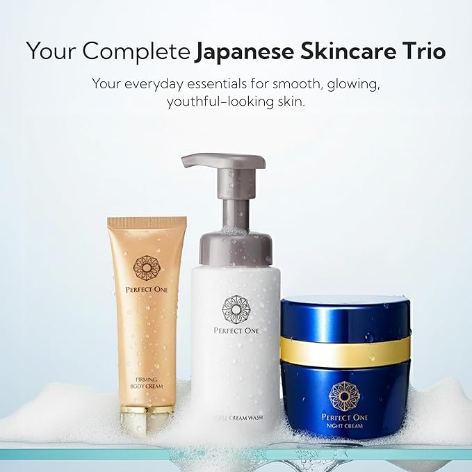 PERFECT ONE Luxury Japanese Skincare Trio Set: Night Cream, Bubble Face Wash, Body Cream | Face Moisturizing Night Cream + Facial Cleanser for Hydration, Firmness & Radiance | Bubble Cleanser Set