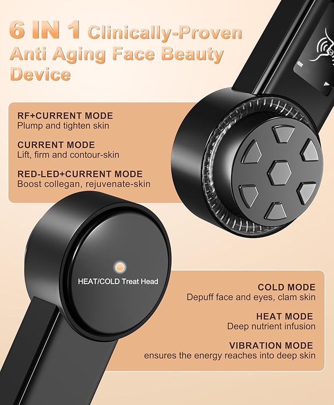 Skin Tightening Device | 6 in 1 Radio Frequency Skin Tightening Device | Professional Face Tightening | Lifting | Wrinkle Reducing | Depuff | Absorb | at Home RF Anti Aging Face Beauty Device