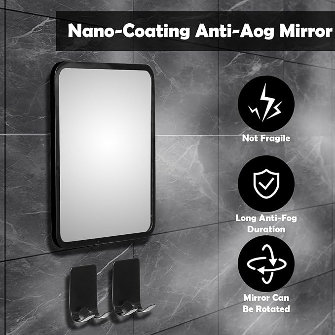 Shower Mirror Anti-Fog Shaving Mirror 7.7 * 6.9 Inch Anti-Fog Shower Mirror Swivel with 2 Razor Holders Bathroom Mirror Shower Accessories Bathroom Accessories. (Black)