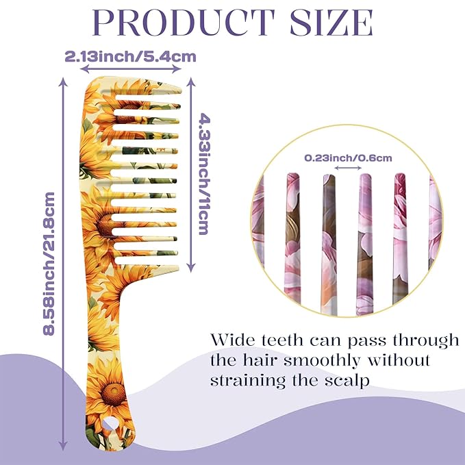 2PCS Wide Tooth Comb,Effortless Tangle Removal for Long Hair Styling Comb for Curly,Wet,Cute Aesthetic Design for Women Men and Girls(Yellow-Flower-10)