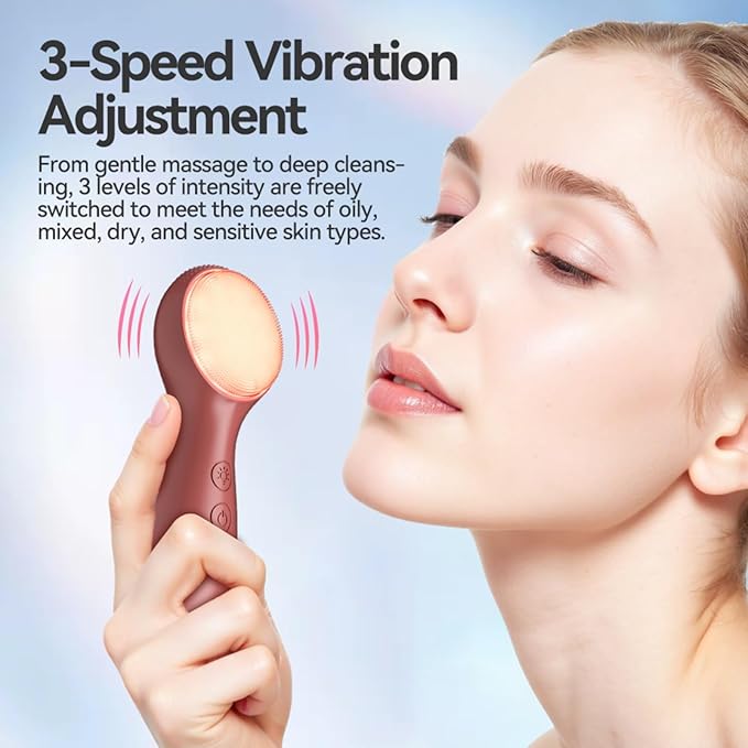 Facial Cleansing Brush Electric, Silicone Heated Face Scrubber with 7 LED Lights, Rechargeable Vibration Exfoliating Cleanser for Deep Cleaning & Gentle Massage, Skin Care Tool, Ideal Gift (Brown)