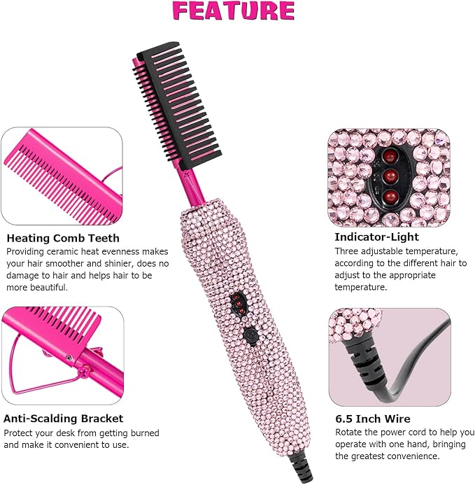 Deluxe Electric Hair Straightener and Curling Comb for Natural Hair and Wigs, 450°F Heat Pressing Comb with Anti-Scald Case (Pink)