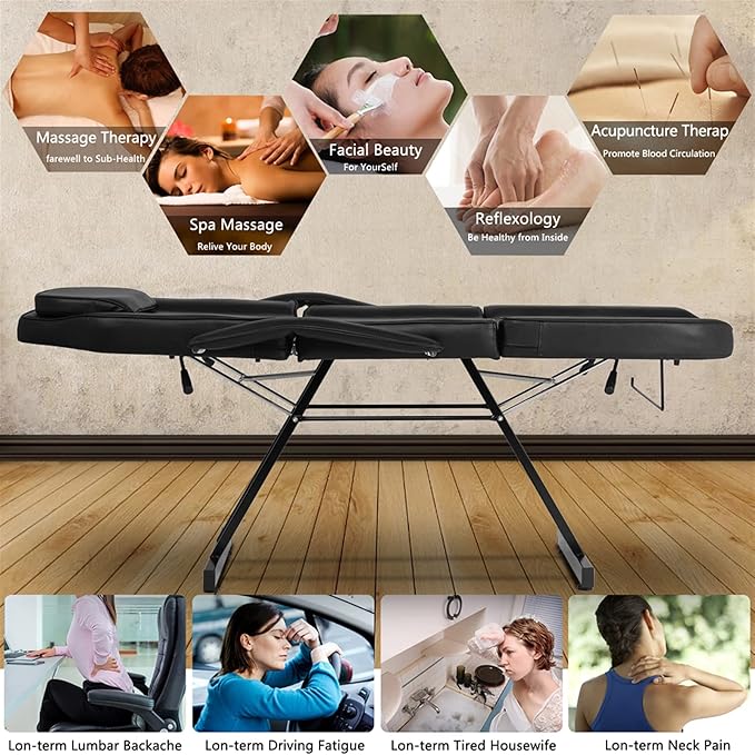 Multipurpose 3-Section Spa Massage Table with Hydraulic Stool, 73-inch Adjustable Tattoo Chair Esthetician Lash Bed with Removable Headrest, Salon Chair Facial Bed for Beauty Barber Massage Equipment